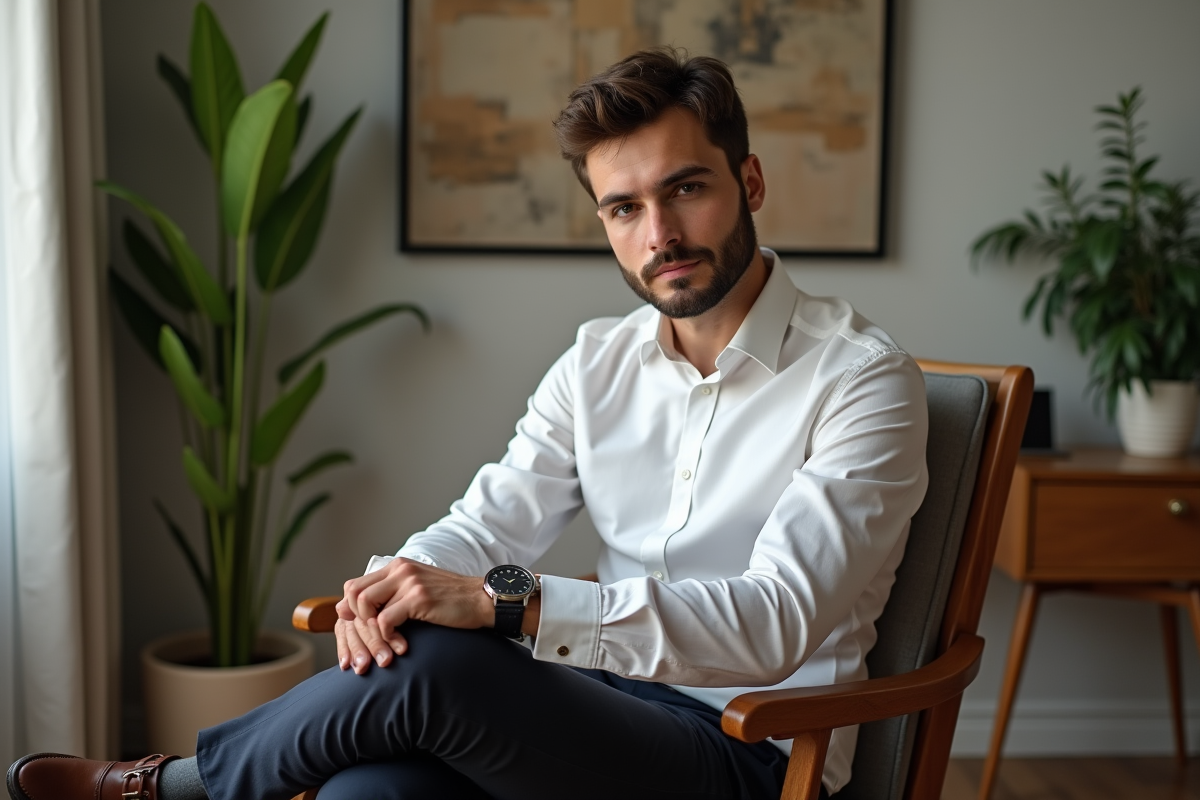 Homme en chemise blanche dans un salon moderne