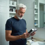 Homme aux cheveux blancs lisant attentivement les instructions d'une boîte de teinture pour cheveux dans une salle de bain