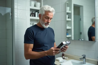 Homme aux cheveux blancs lisant attentivement les instructions d'une boîte de teinture pour cheveux dans une salle de bain