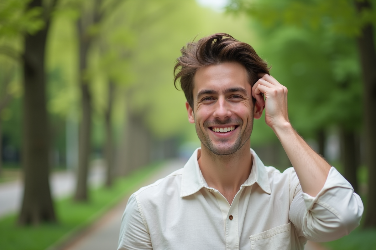 Jeune homme dans un parc naturel avec cheveux brillants