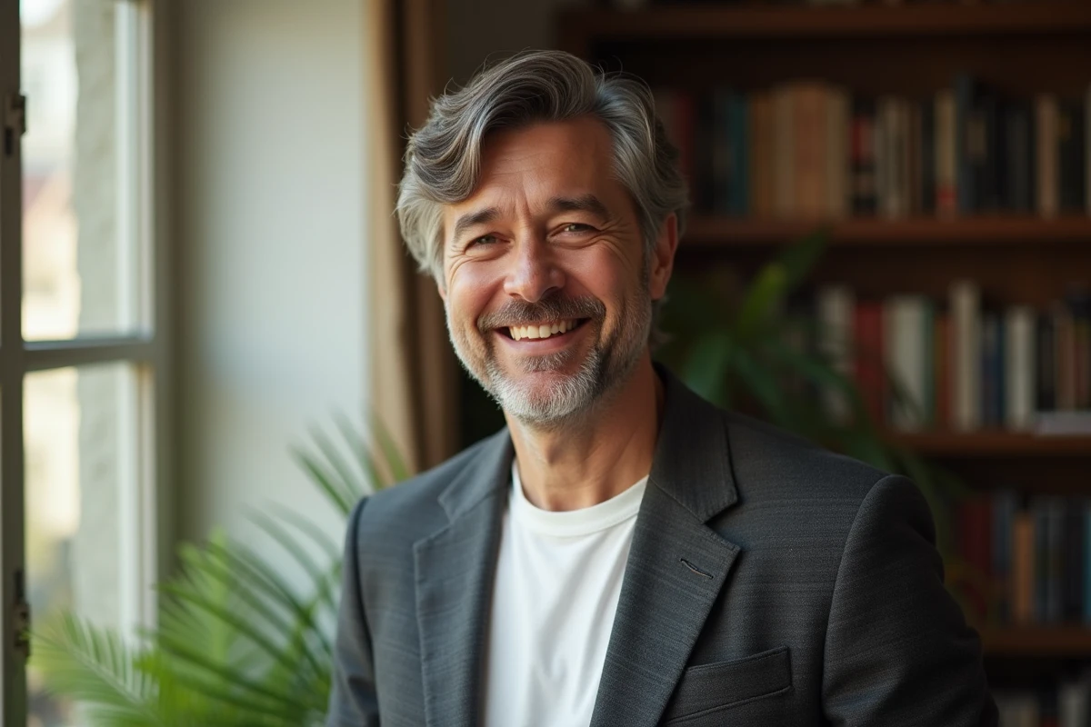 Homme confiant avec coiffure moderne près de la fenêtre