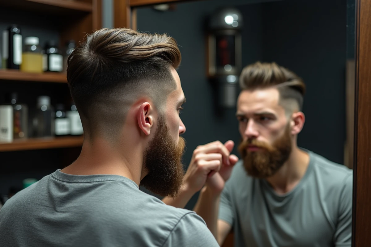 Homme coiffant ses cheveux courts avec de la pommade mate devant un miroir de barbershop