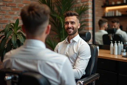 Homme satisfait dans un salon de coiffure toulousain