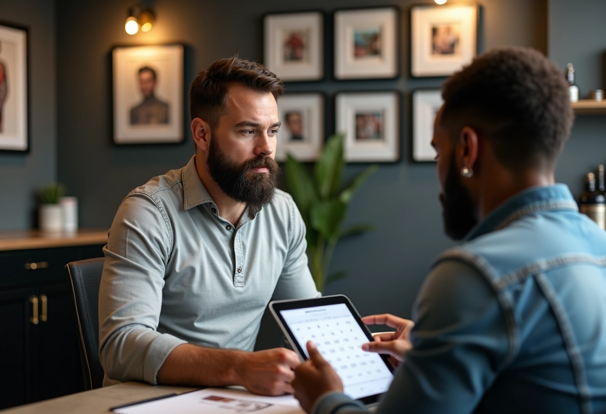 Homme discutant tatouage avec un artiste dans un studio professionnel