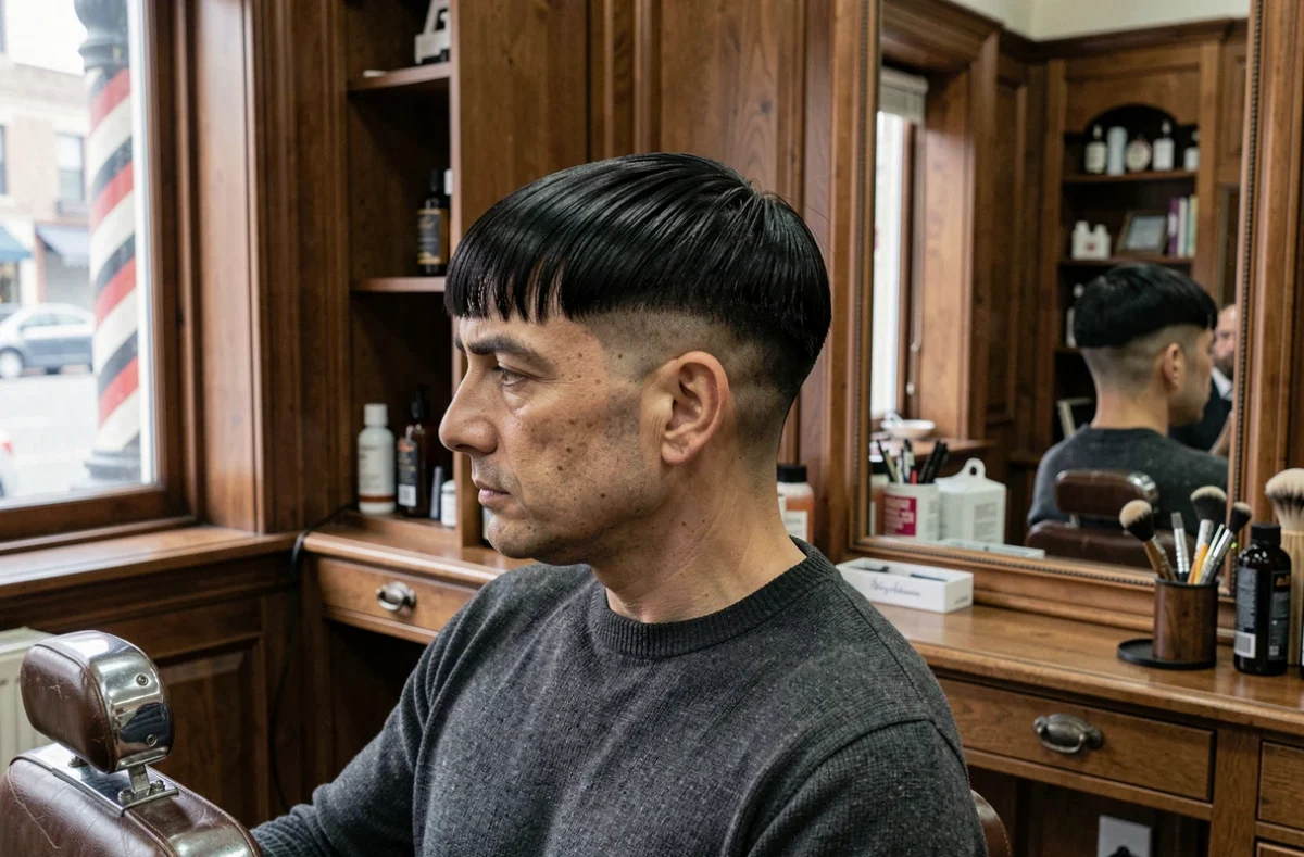 Homme aux cheveux épais arborant une coupe casquette lisse impeccable dans un barbershop classique