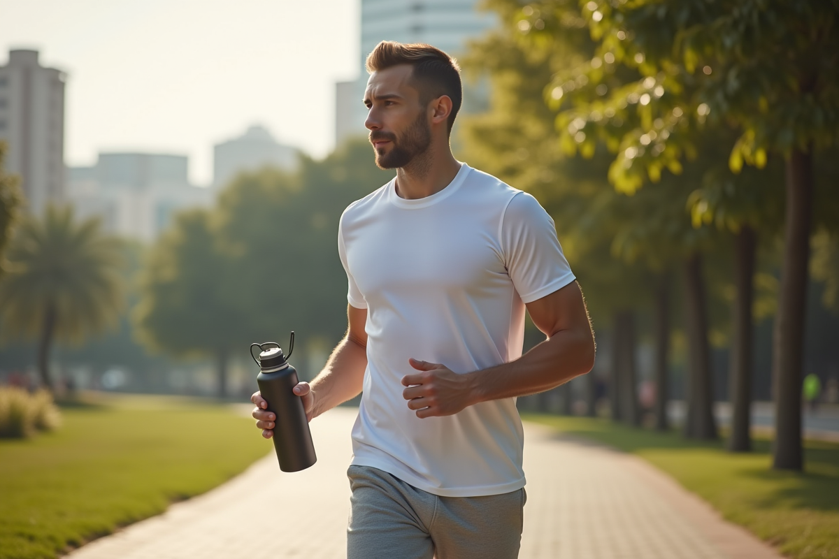 Homme athlétique marchant dans un parc urbain