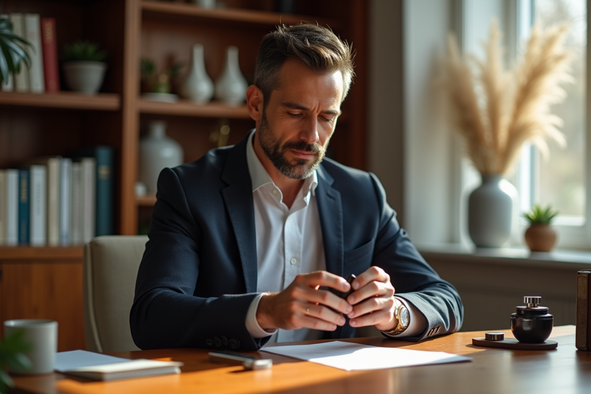 Homme en costume ouvrant un emballage cosmétique dans un bureau lumineux