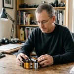 Homme d'âge moyen tenant des canettes de films 35mm en examinant les étiquettes