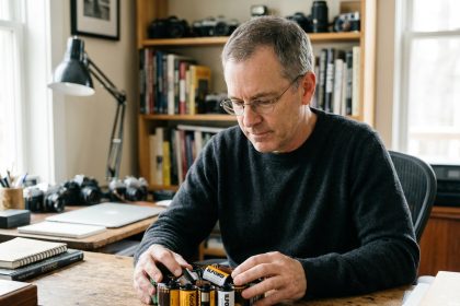 Homme d'âge moyen tenant des canettes de films 35mm en examinant les étiquettes