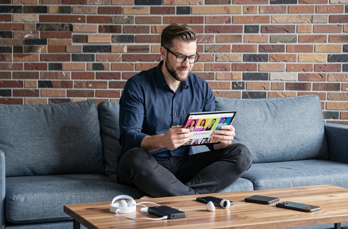 Homme geek dans la trentaine consultant un blog beauté et culture pop sur une tablette dans un salon contemporain