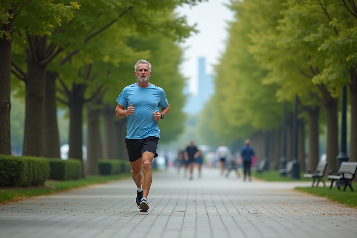 Homme courant dans un parc urbain avec arbres verts
