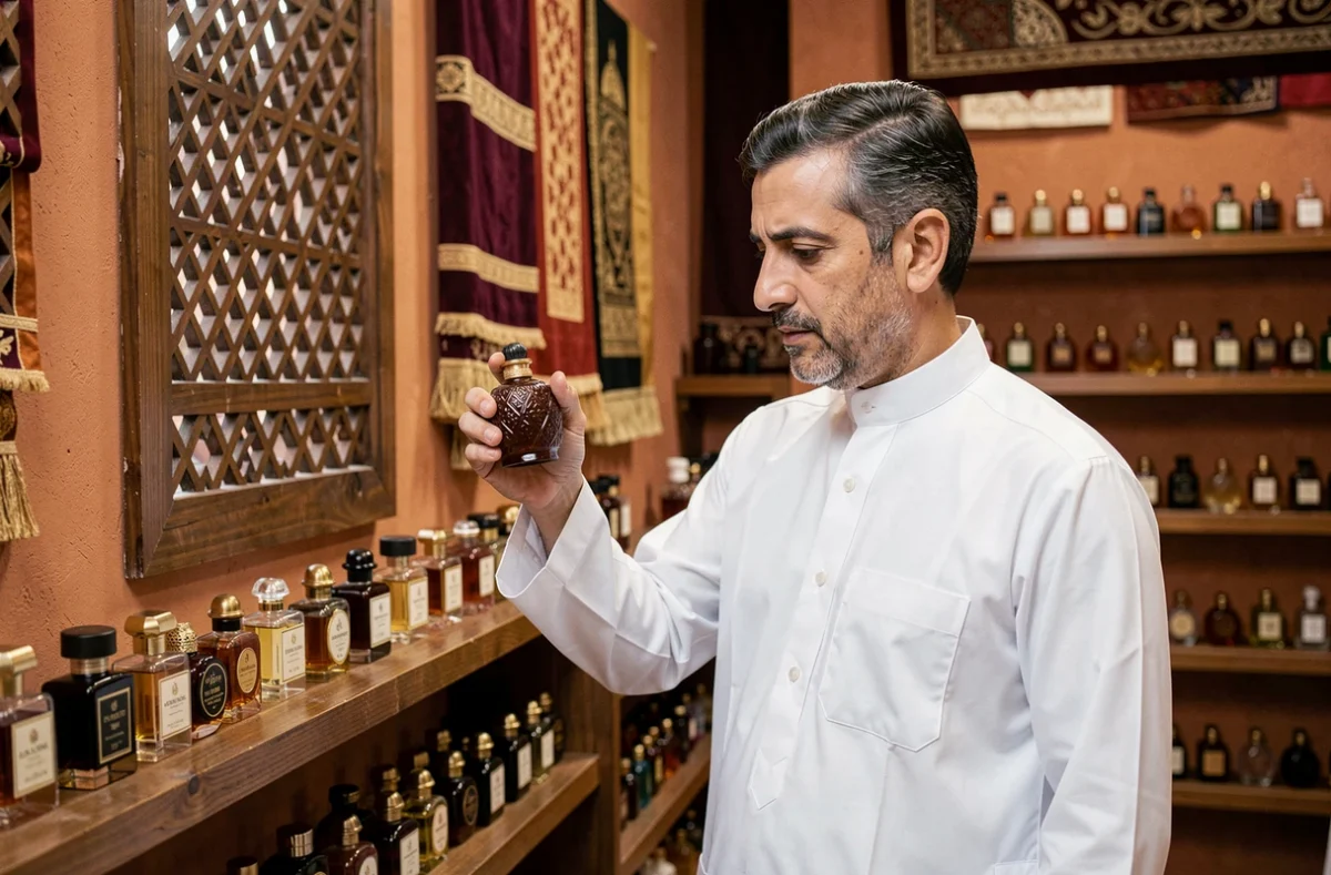 Homme en tenue traditionnelle kandura choisissant un flacon de parfum oriental dans une boutique de style souk avec étagères en bois sculpté