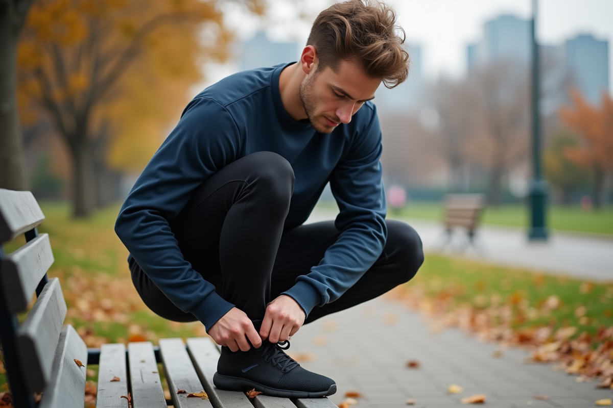 Jeune homme en leggings dans un parc en automne