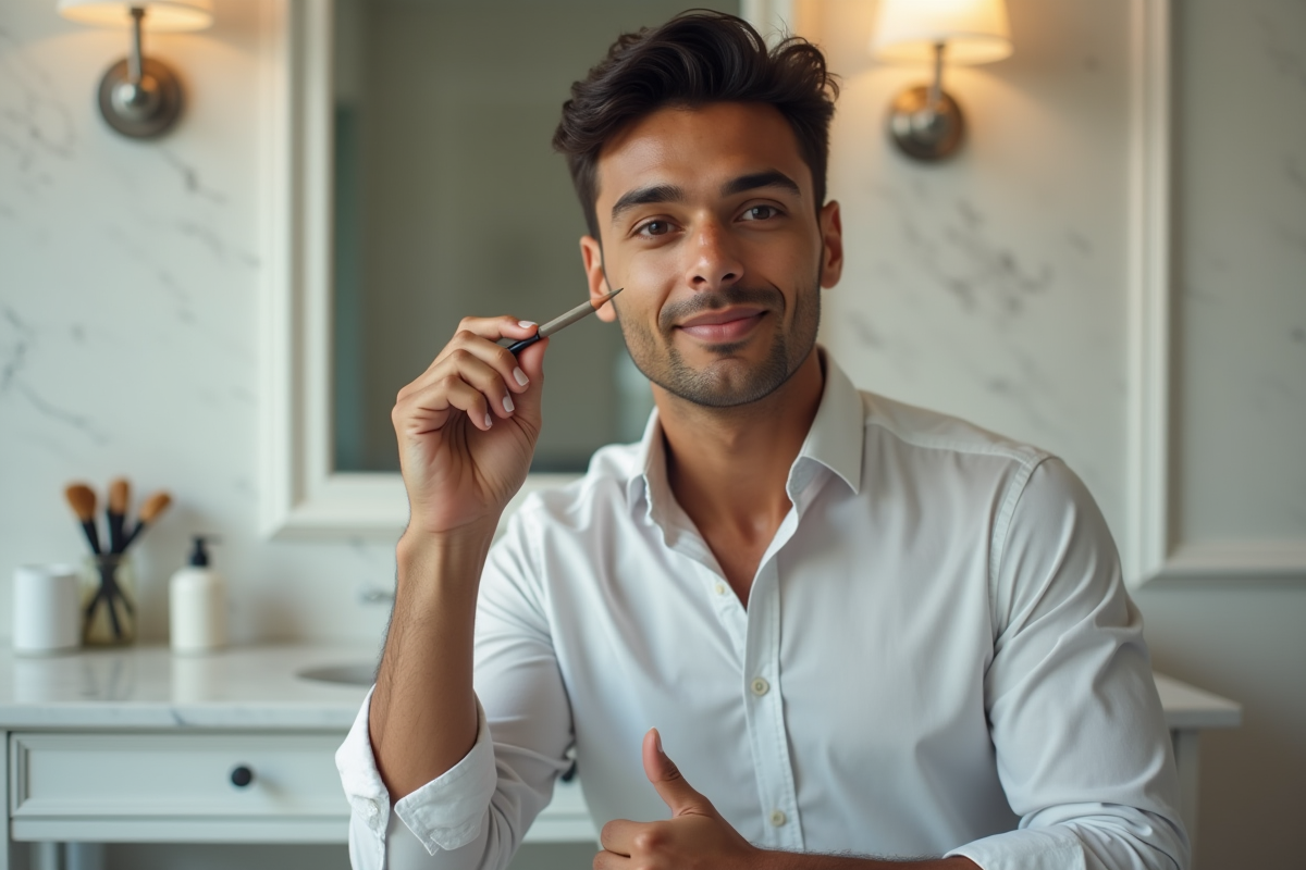 Homme utilisant un crayon à yeux taupe dans une salle de bain lumineuse