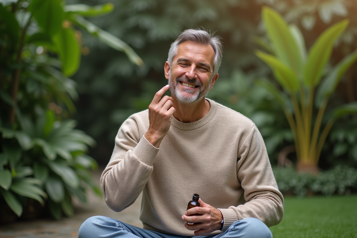 Homme massant le cou dans un jardin paisible en plein air