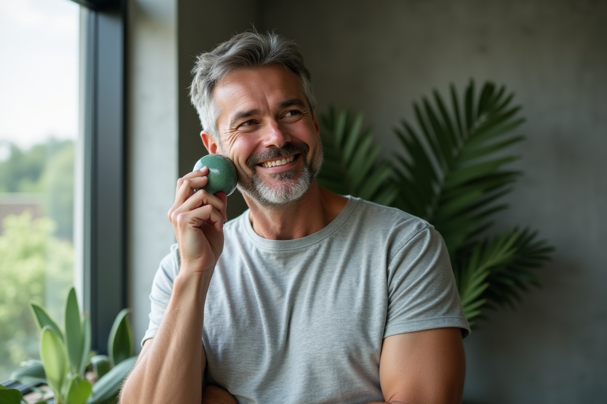 Homme utilisant un roller de jade pour masser son visage dans un intérieur moderne