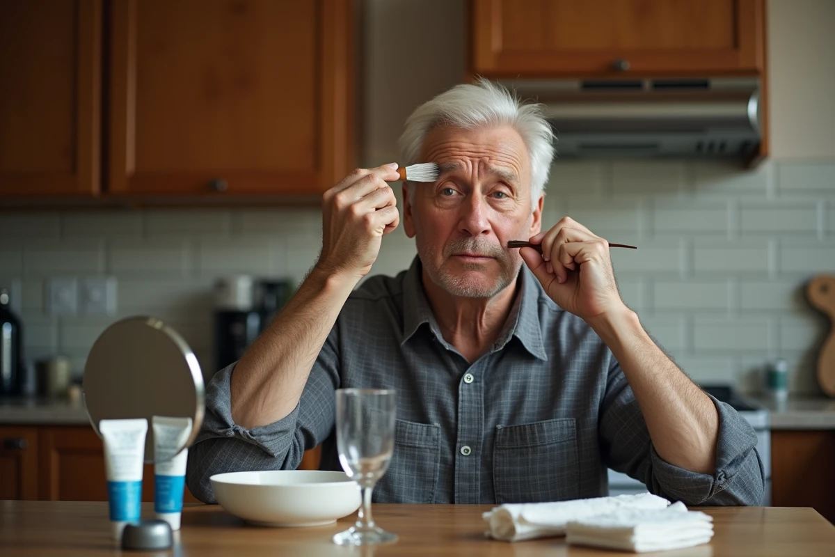 Homme mature aux cheveux blancs en train d'appliquer une teinture capillaire seul dans sa cuisine avec un pinceau