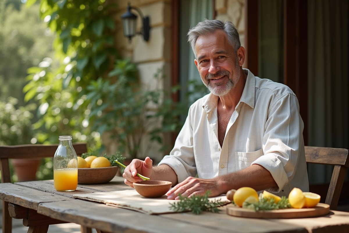 Homme mélangeant bicarbonate et citron sur une table extérieure