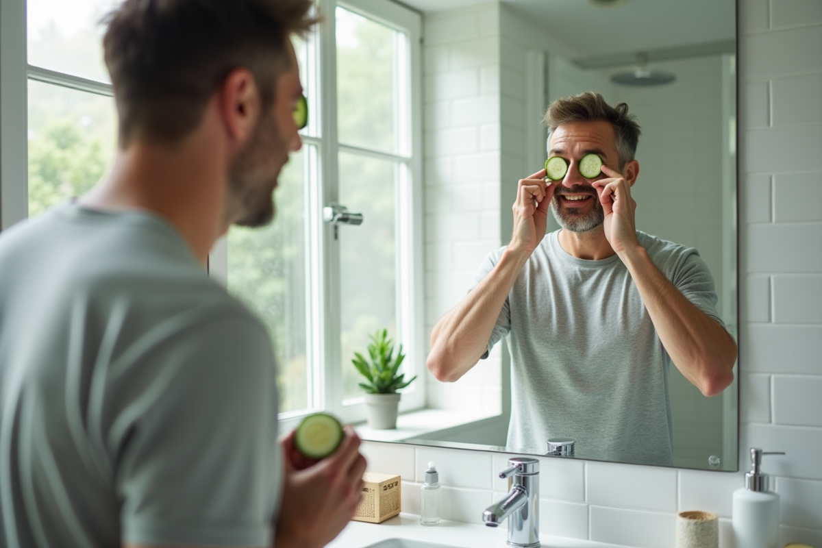 Homme se regardant dans le miroir avec des tranches de concombre