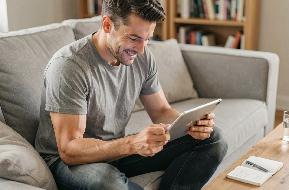 Homme consultant le site Primor sur une tablette depuis son canapé pour comparer les prix et optimiser ses achats livrés en France