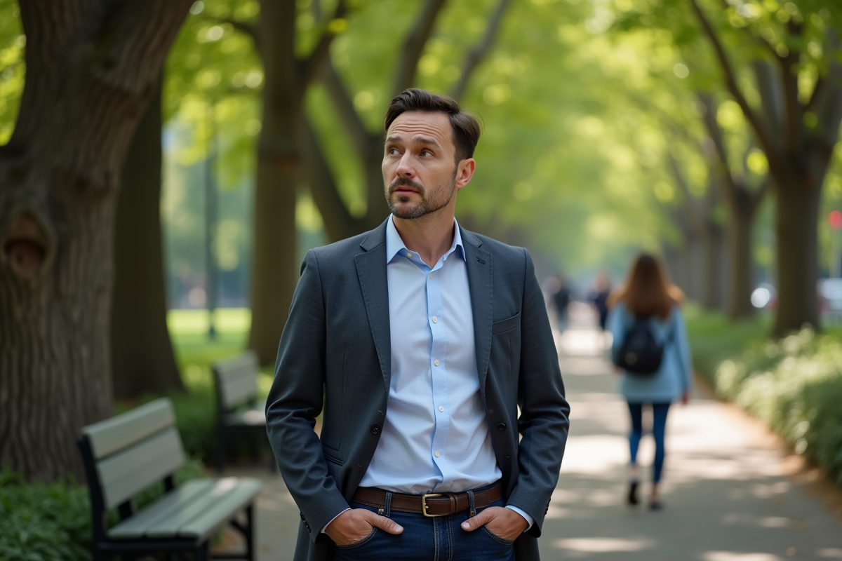 Homme pensif dans un parc en plein air lors d
