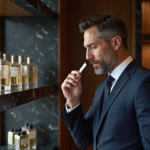 Homme en costume navy dans une boutique élégante