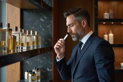 Homme en costume navy dans une boutique élégante