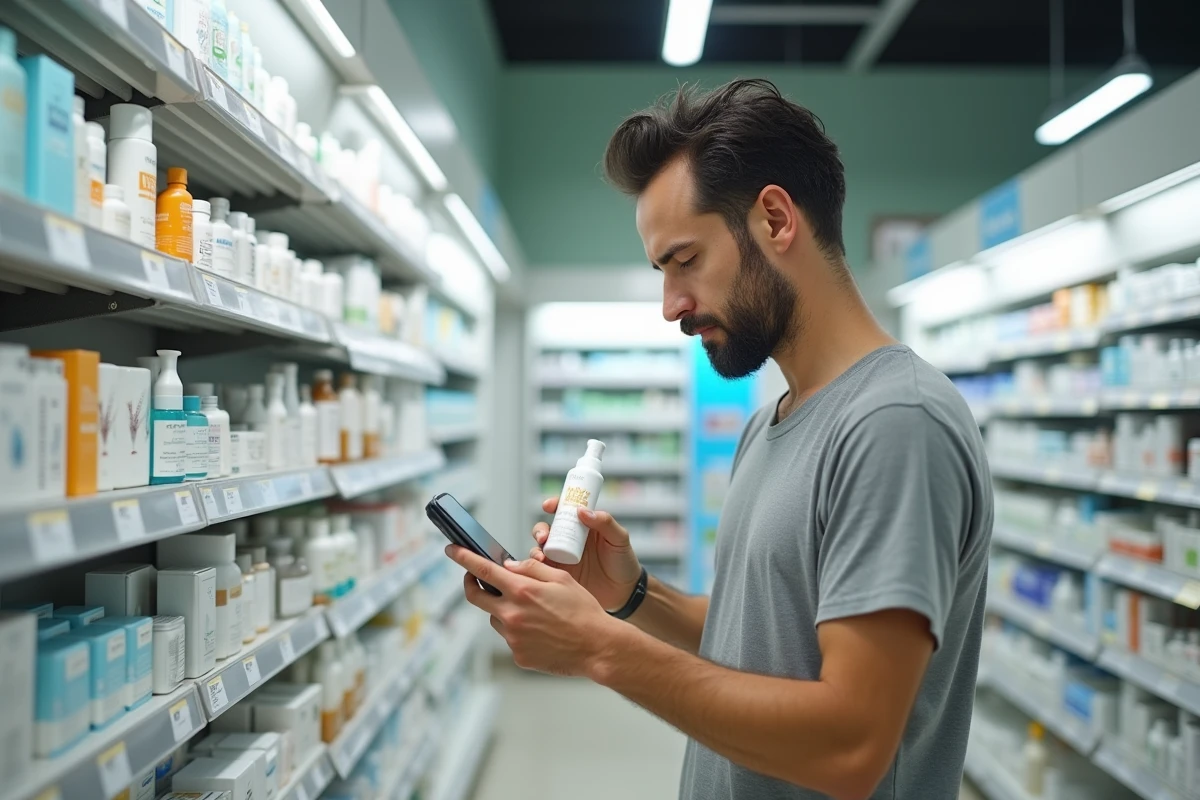Homme en pharmacie comparant des produits cosmétiques avec l'aide de l'application Yuka