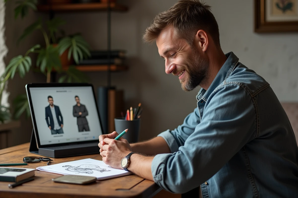 Homme réfléchissant à son projet de tatouage à la maison