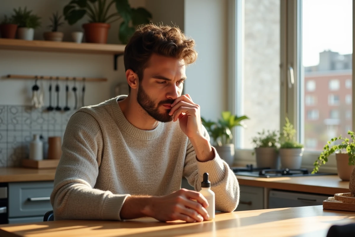 Homme examinant un serum visage dans une cuisine lumineuse