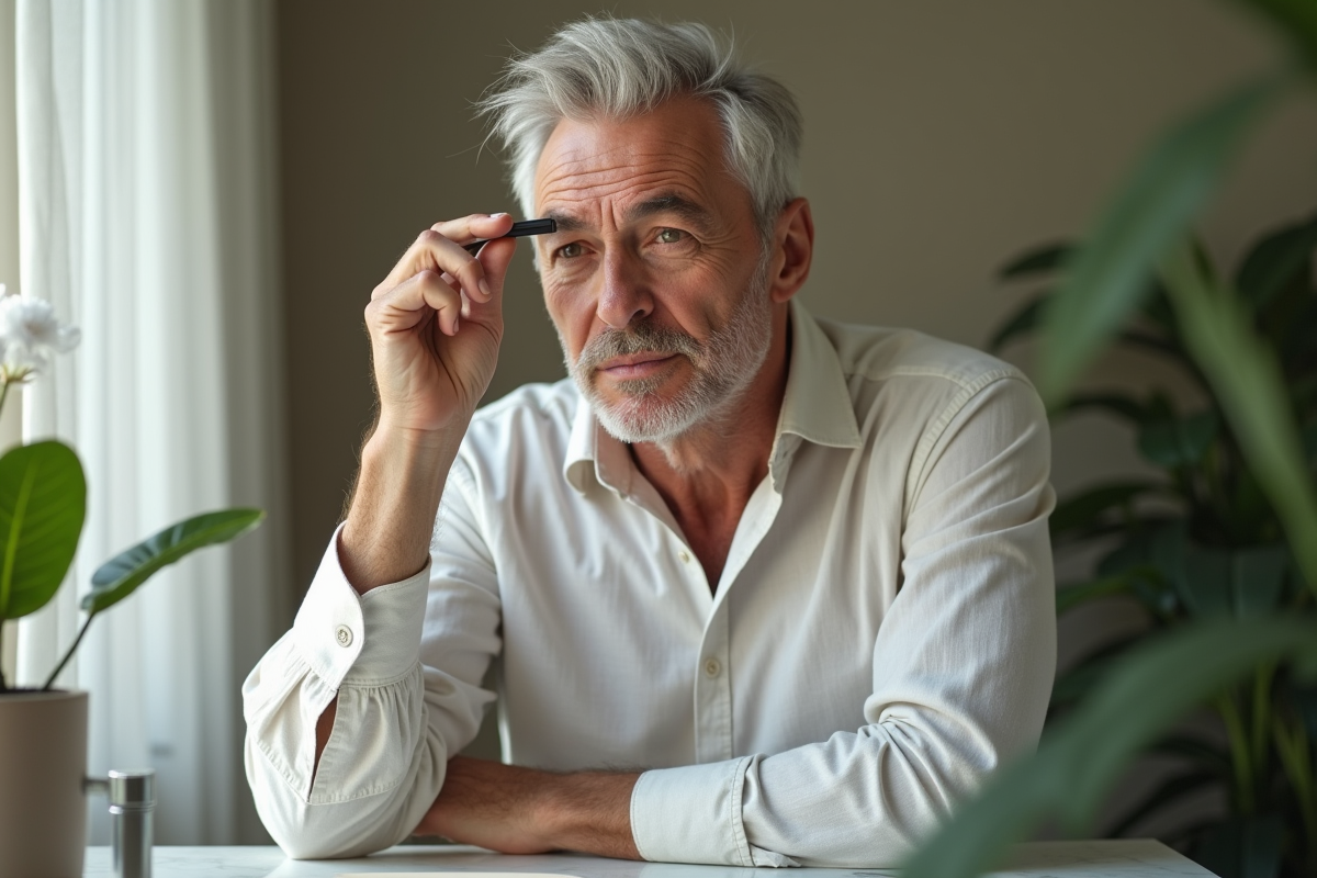 Homme aux cheveux gris se maquillant dans une salle de bain moderne