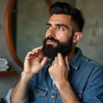 Homme en denim appliquant de l'huile à sa barbe soignée