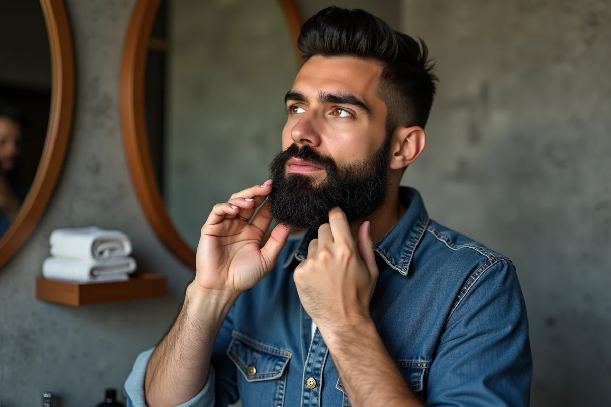 Homme en denim appliquant de l'huile à sa barbe soignée