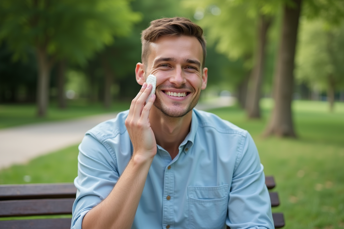 Homme utilisant une creme visage en plein air dans un parc
