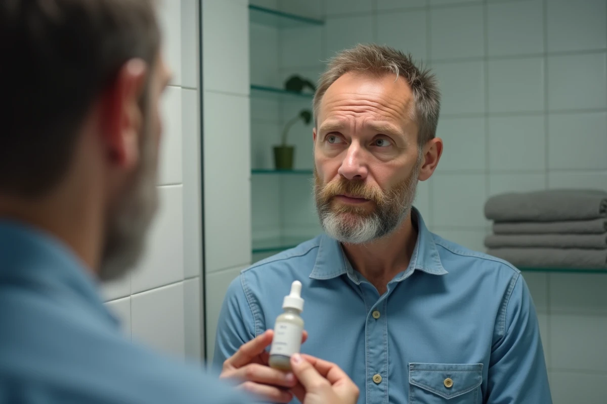 Homme regardant son reflet avec un produit de soin dans la salle de bain