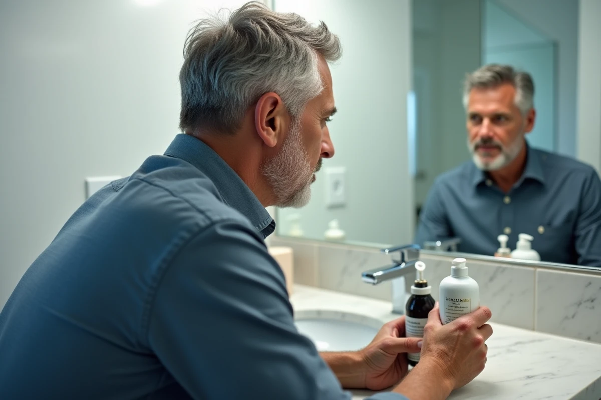 Homme compare deux bouteilles de soins capillaires dans sa salle de bain
