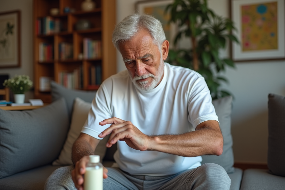 Homme âgé en vêtements confortables regardant son bras avec huile de massage