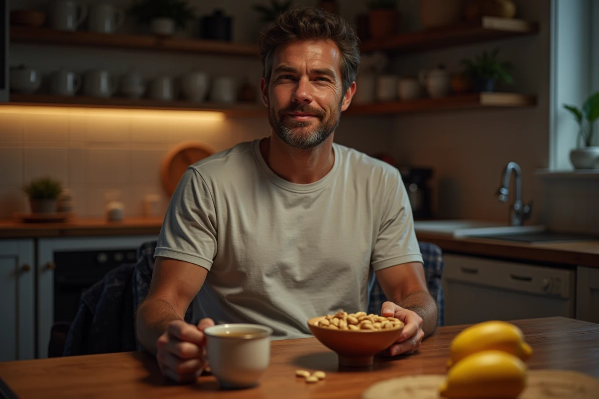 Homme détendu buvant une tisane et noix dans la cuisine