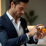 Homme en costume navy appliquant du parfum avec élégance