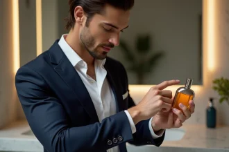 Homme en costume navy appliquant du parfum avec élégance