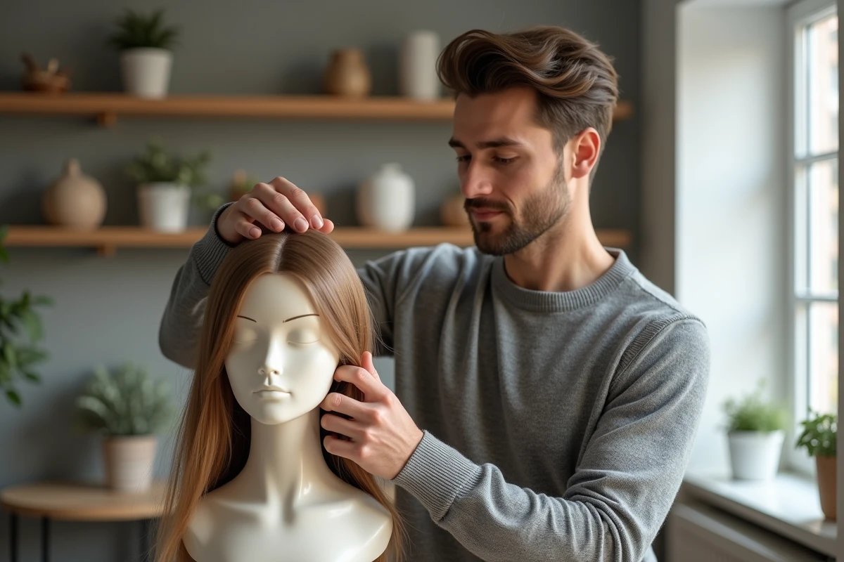 Homme coiffant un wig Kristia sur un mannequin dans un salon