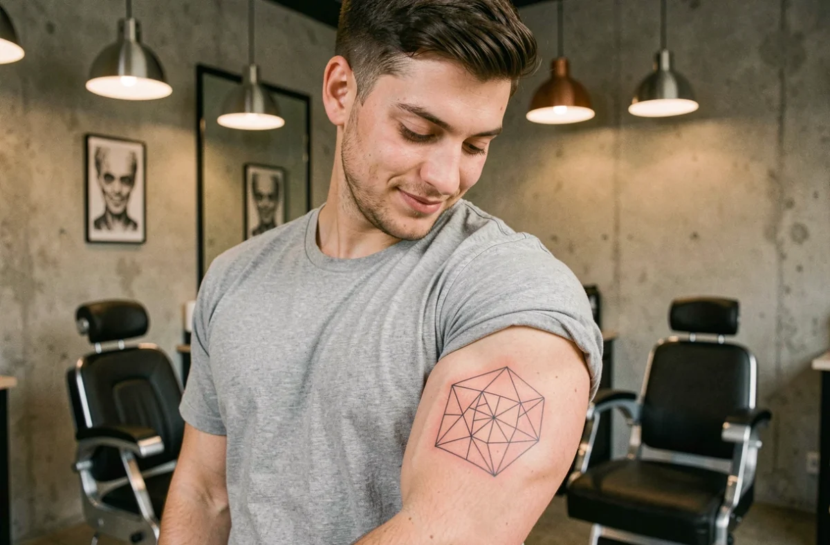 Jeune homme affichant fièrement son tatouage géométrique minimaliste réalisé dans un salon de tatouage à Toulouse