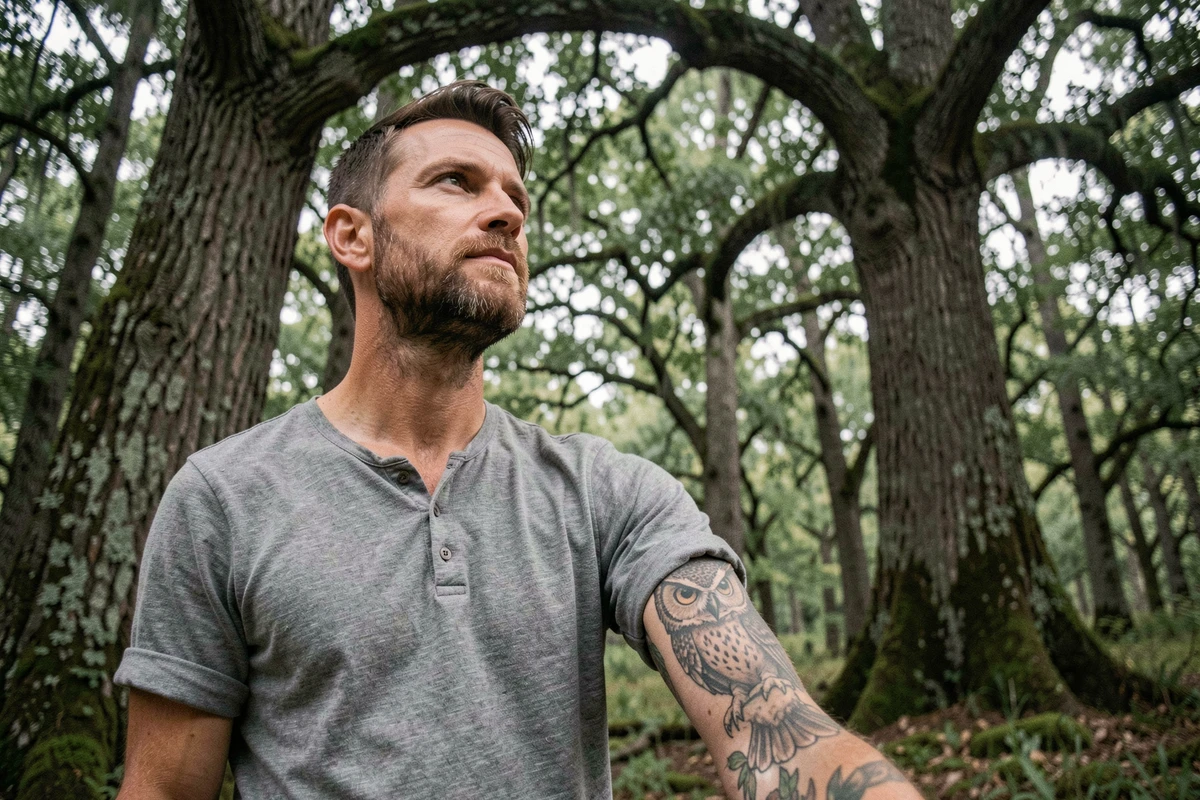 Homme avec un tatouage hibou détaillé sur l'avant-bras debout dans une forêt de chênes anciens, symbolisme spirituel de la nature