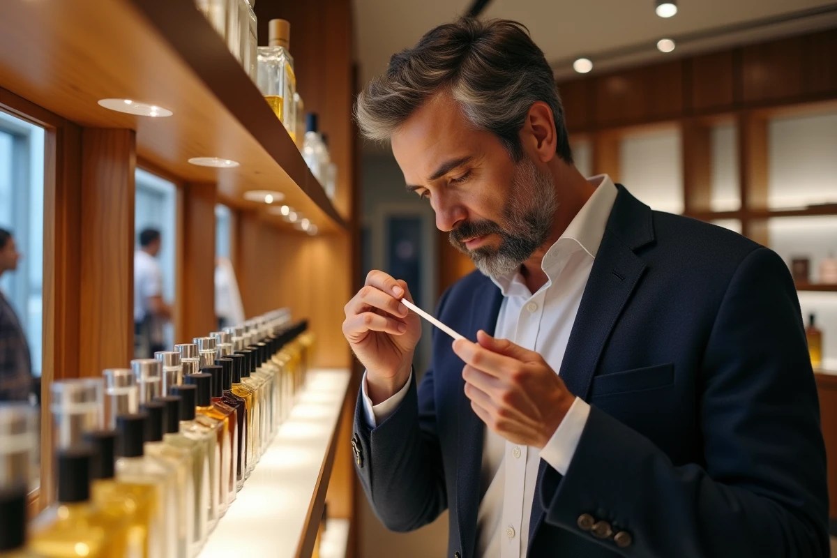 Homme en blazer marine testant des parfums dans une boutique haut de gamme avec des flacons sur une étagère en noyer