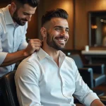 Homme souriant avec coupe V fade nape dans un salon moderne