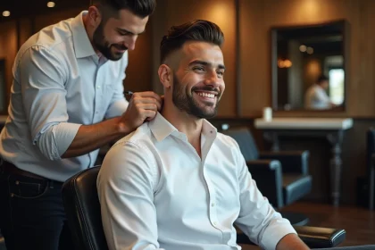 Homme souriant avec coupe V fade nape dans un salon moderne