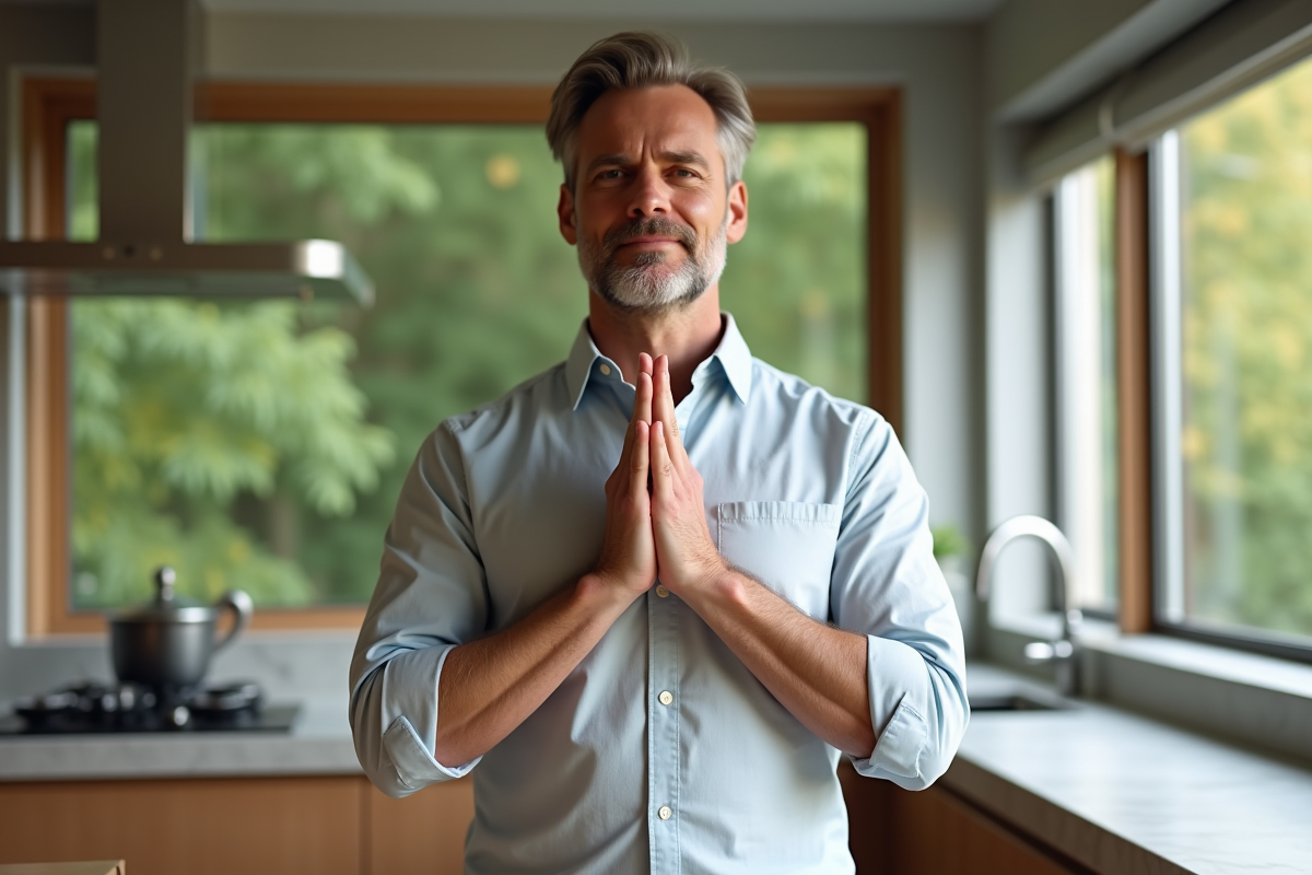 Homme pratiquant un exercice de yoga facial dans une cuisine lumineuse