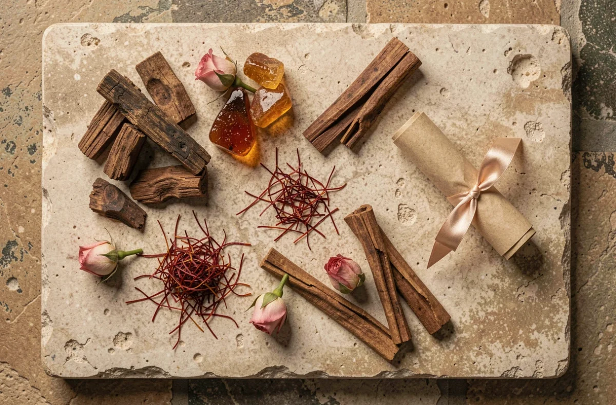 Mise en scène à plat d'ingrédients de parfumerie orientale dont bois d'oud, résine d'ambre, safran et roses séchées sur pierre calcaire ancienne