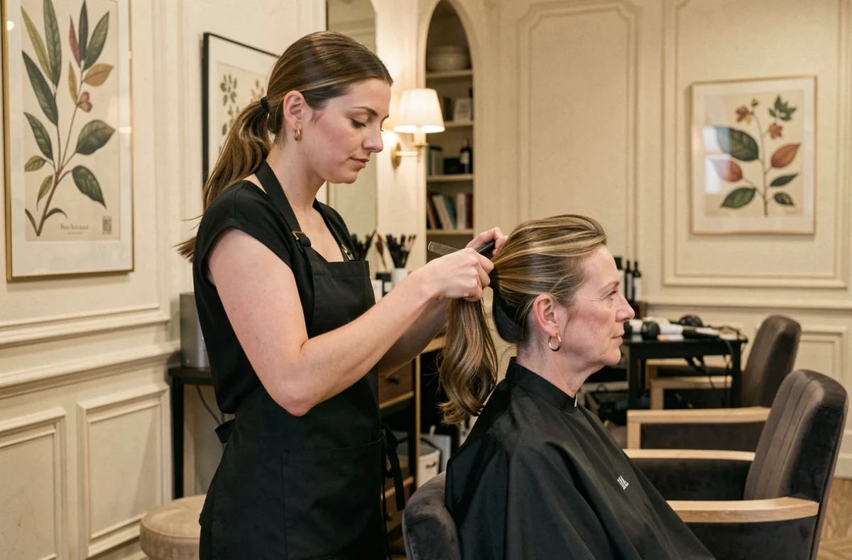 Styliste féminine en tablier noir coiffant une cliente dans le salon Institut du 6 au quartier Brotteaux à Lyon