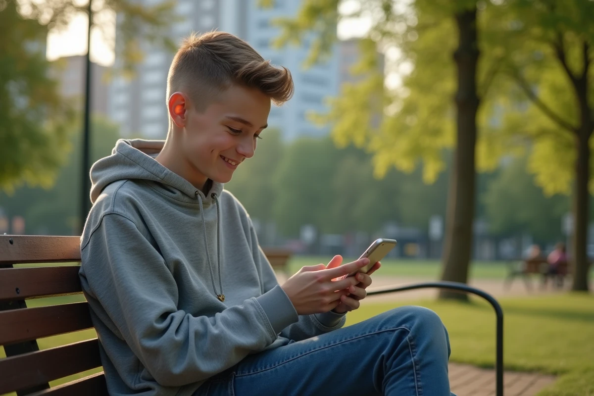 Jeune garçon de 14 ans souriant sur un banc dans un parc urbain